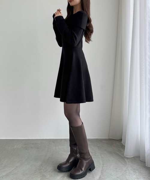 CENEA オフショル風スクエアネックミニニットワンピ Mサイズ チャコール CENEA（セネア） ワンピース オフショル風スクエアネックミニニット