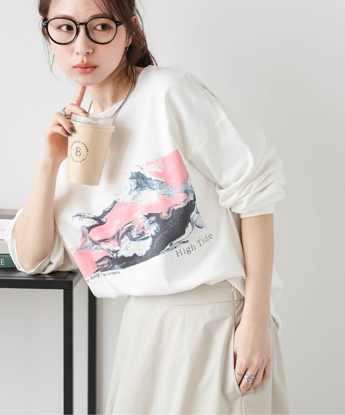 マーブル模様 長袖カットソー WHITE tシャツ マーブルプリントロングTシャツ レディース : ZOZOTOWN Yahoo