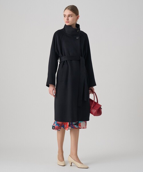 ANAYI カシミヤ混　ファー襟付き　リボン付　黒ロングコート ANAYI（アナイ） コート アウター カシミヤ混スタンドカラーコート