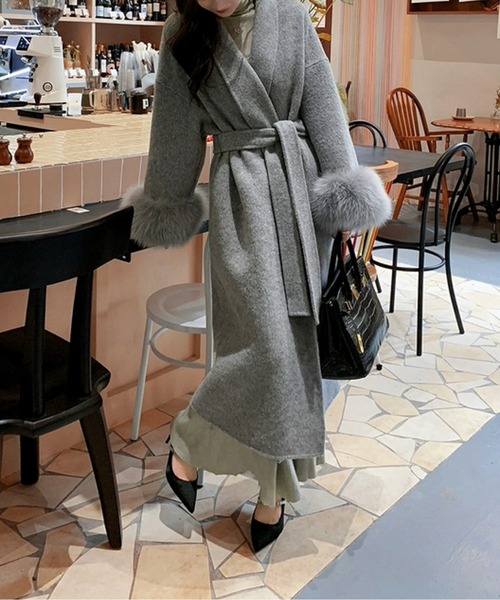 美品　レザー　ウエストベルト　ファー　ロングコート　本革　カウレザー　2XL相当 美品 レザー ウエストベルト ファー ロングコート 本革 カウレザー 2XL