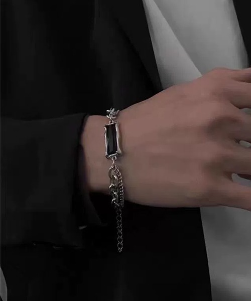 ブレスレット ブラックストーンシルバーチェーンブレスレット/メンズ