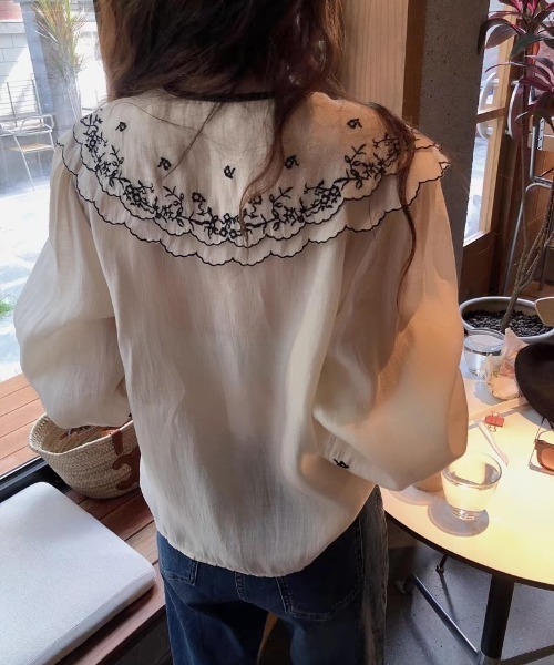 Aelina ブラウス シャツ 刺繍パフスリーブ長袖シャツ レディース 