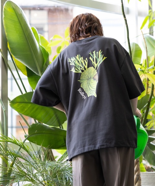 ME 緑色と黒の植物デザインTシャツ meeny miny tシャツ 「meeny miny」「ボタニカルペインター「Saori