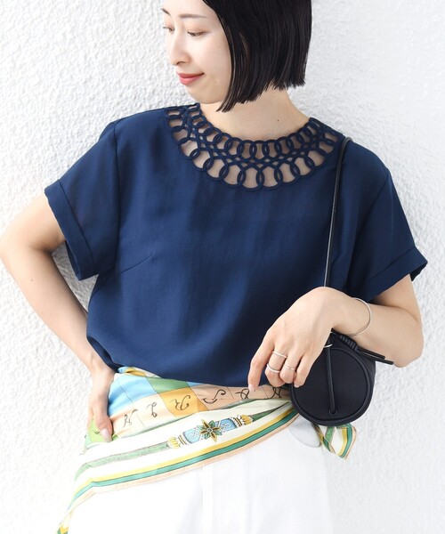 SHIPS（シップス） ブラウス シャツ 半袖 「手洗い可能」襟 刺繍