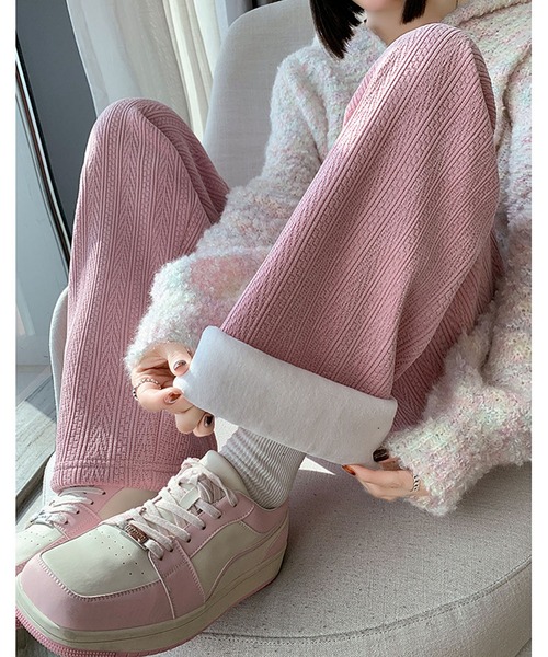 パンツ 「低身長向け」暖かいシュニール裏毛ワイドパンツ