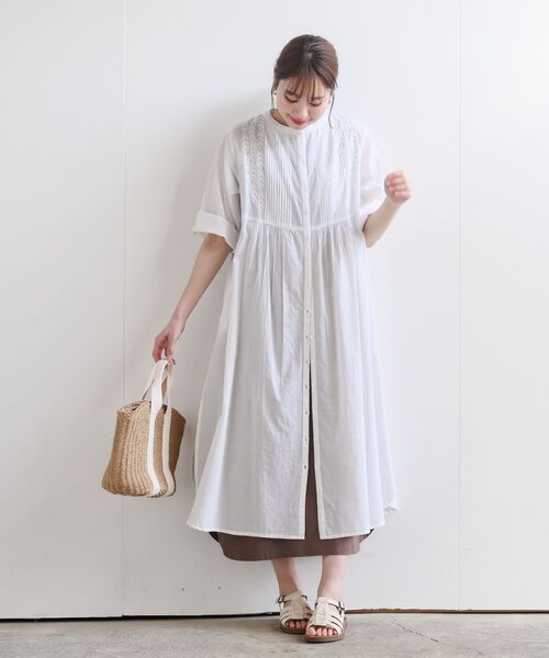 r・p・s シャツワンピース 刺繍×ピンタックバンドカラーシャツ