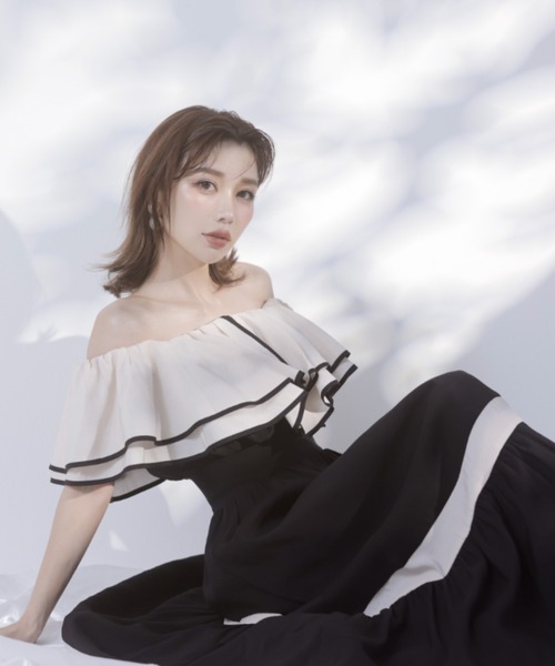 eimy istoire コントラストフリルフレアワンピースドレス S 白 EIMY ISTOIRE（エイミーイストワール） ワンピース コントラストカラー