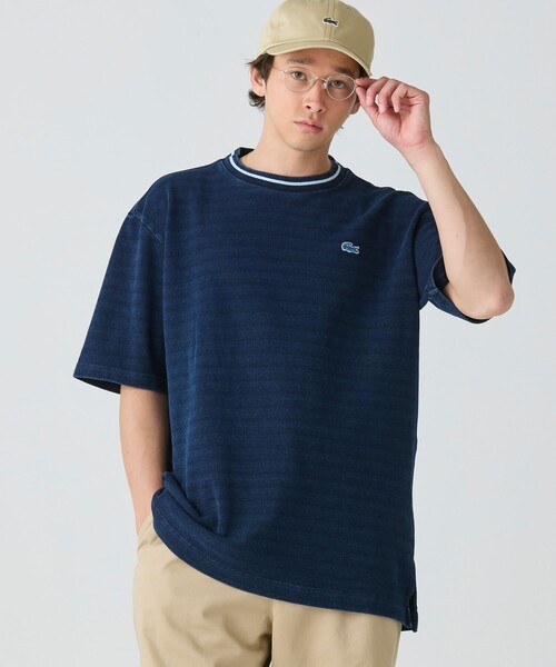 LACOSTE メンズ半袖Tシャツ LACOSTE tシャツ 配色リブニットインディゴ鹿の子 半袖Tシャツ
