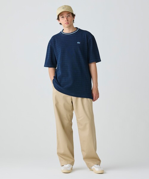 LACOSTE tシャツ 配色リブニットインディゴ鹿の子 半袖Tシャツ