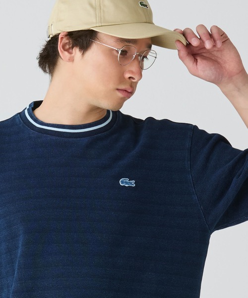 LACOSTE tシャツ 配色リブニットインディゴ鹿の子 半袖Tシャツ