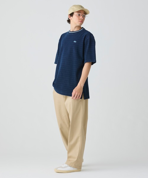LACOSTE tシャツ 配色リブニットインディゴ鹿の子 半袖Tシャツ