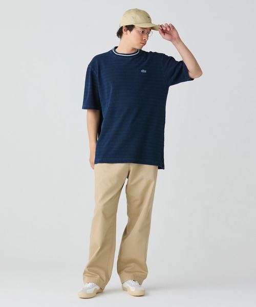 LACOSTE tシャツ 配色リブニットインディゴ鹿の子 半袖Tシャツ