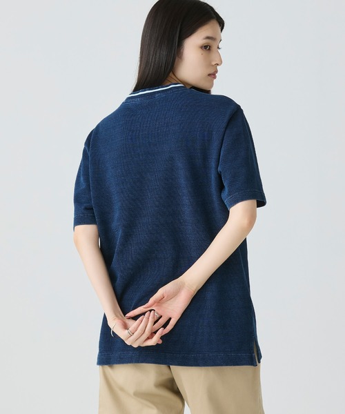 【LACOSTE】レーヨン混 テニスロゴ リブニット 半袖 Tシャツ LACOSTE tシャツ 配色リブニットインディゴ鹿の子 半袖Tシャツ