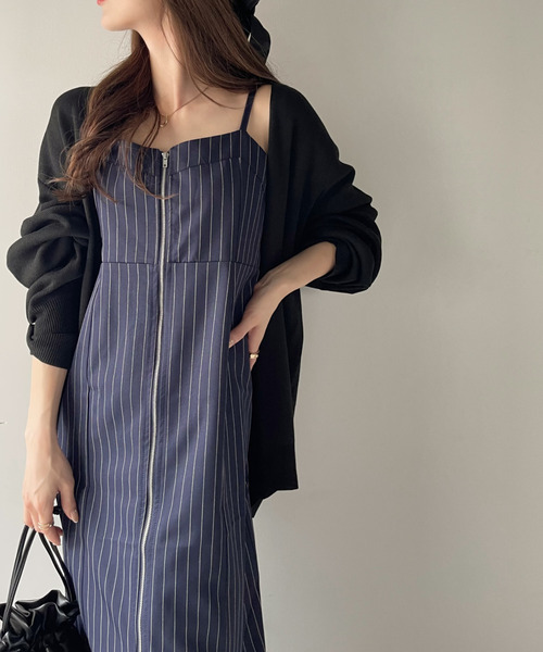 ワンピース 「Eclat one」ピンストライプ フロントジップ キャミ  