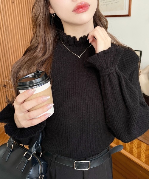 moment+ ニット セーター キャンディスリーブフリルネックリブニット