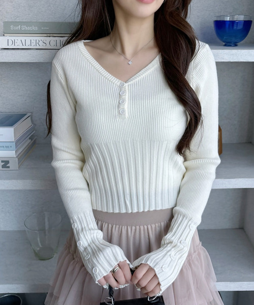 エースアンドレア　リブニット　ホワイト Ada. ニット セーター ウエストデザイン Vネック リブニット トップス