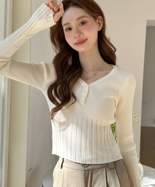 Ada. ニット セーター ウエストデザイン Vネック リブニット トップス