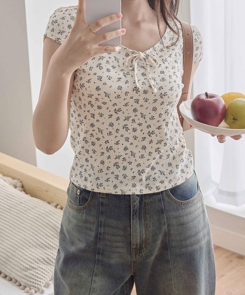 tシャツ フレンチパフスリーブ花柄カットソー レディース : ZOZOTOWN