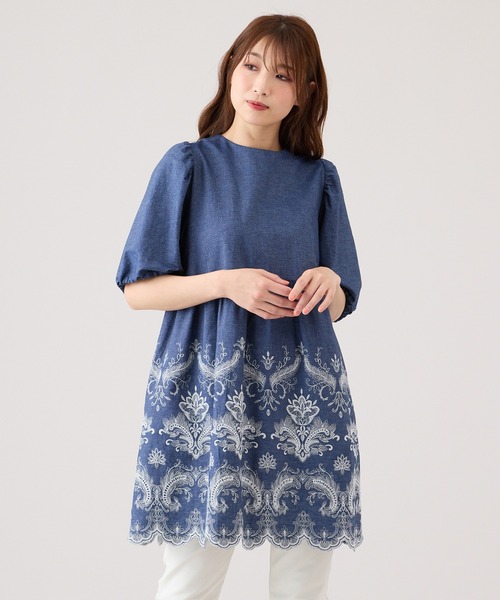 Rose Tiara - Rose Tiara(ローズティアラ) チュニック サイズ50 XL レディース美品  - 黒×グリーン×マルチ クルーネック/長袖/刺繍/レース Rose Tiara - Rose Tiara(ローズティアラ) チュニック サイズ50