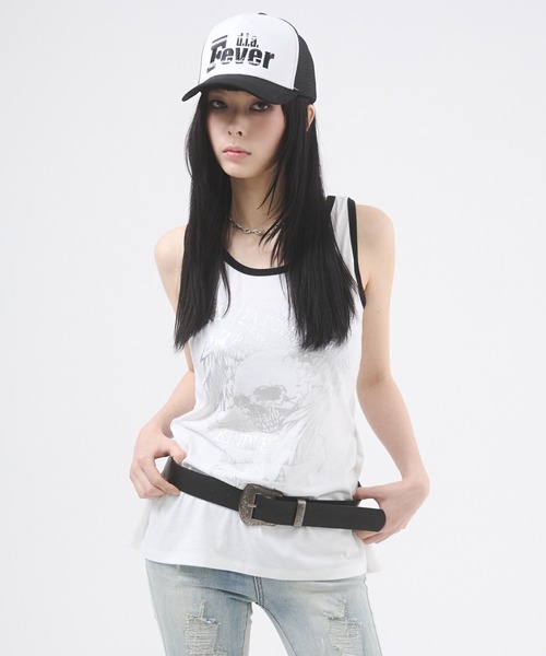 tシャツ メタリックスカルモチーフプリントタンクトップ レディース DAIYA（ゴルフ用品、日用品） tシャツ メタリックスカルモチーフ