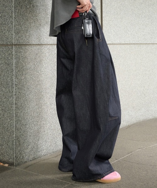 Perushu ワイドパンツ ジーンズ ハトメループリジットワイドタック