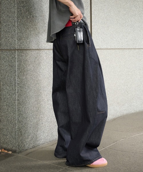 Perushu ワイドパンツ ジーンズ ハトメループリジットワイドタック