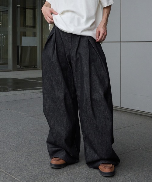 Perushu ペルーシュ リジットデニム ワイドデニム ブラック Perushu ワイドパンツ ジーンズ ハトメループリジットワイドタック