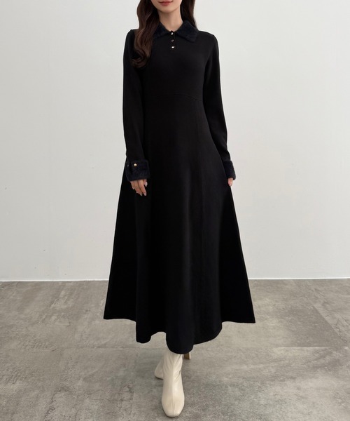 CENEA（セネア） ワンピース シャギーカラーフレアニットワンピース