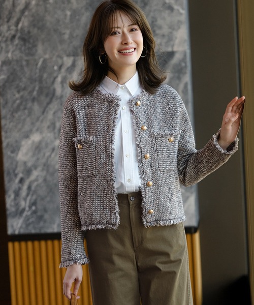 ジャケット ノーカラージャケット ツイード ニット レディース