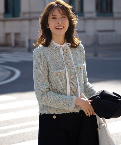 ジャケット ノーカラージャケット ツイード ニット レディース