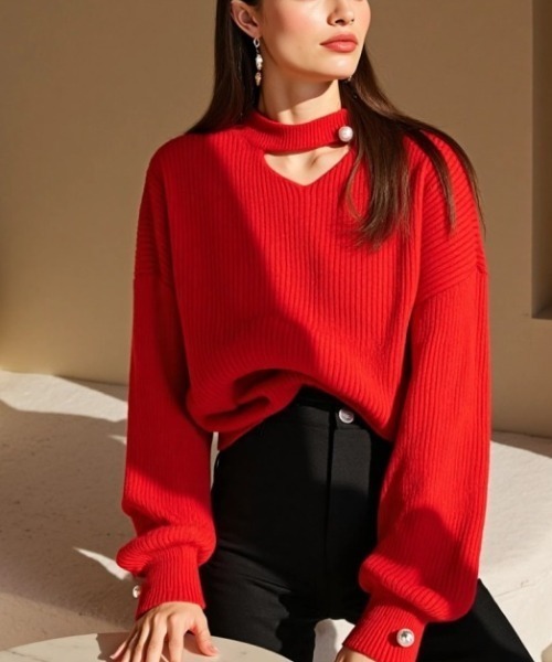 cammie ニット セーター 胸あきパールポイントニットトップス