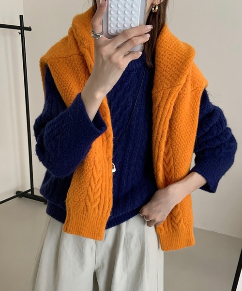 ニット セーター クルーネックケーブル編みニット レディース
