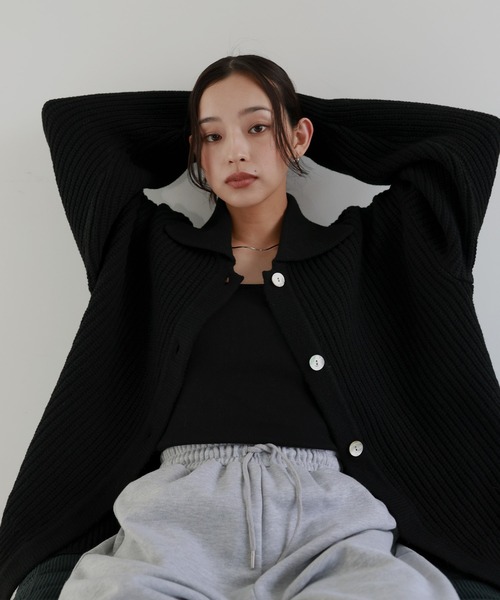 ポロバイラルフローレン ラムウール カーディガン ブラック 黒無地 ニット hellam（ヘラム） ニット セーター 襟付きポロニットカーディガン