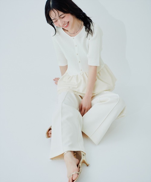 ニット セーター 異素材ペプラム半袖ニット レディースの画像