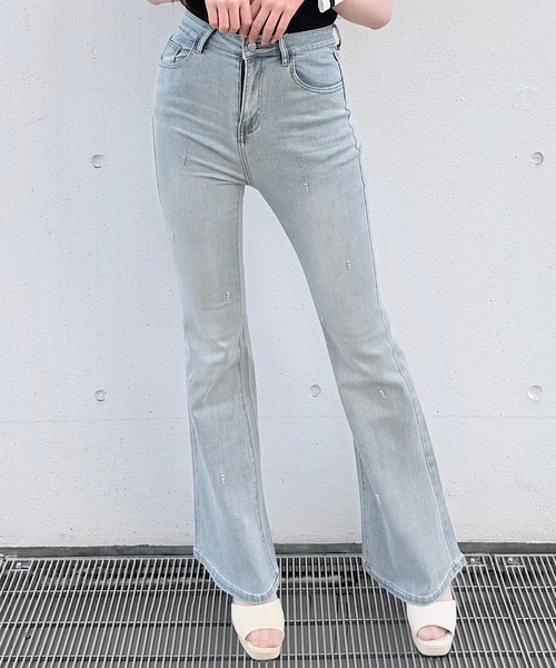 ジーンズ デニム デニムパンツ ラインビジューフレアデニム レディース