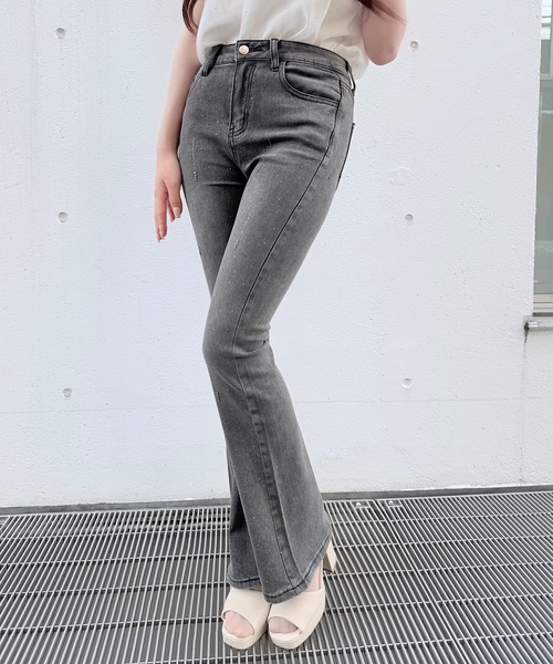 ジーンズ デニム デニムパンツ ラインビジューフレアデニム レディース