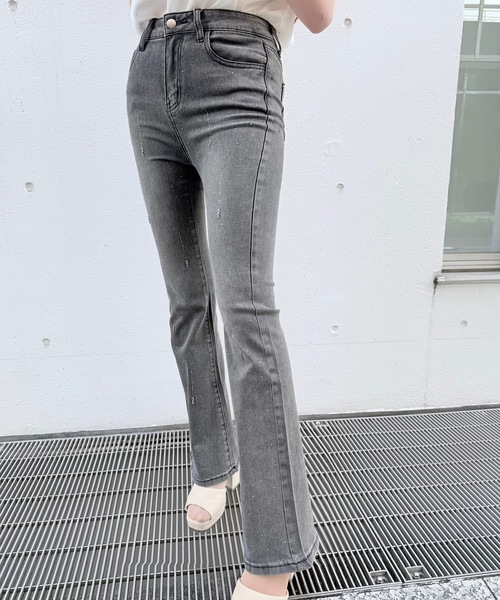 ジーンズ デニム デニムパンツ ラインビジューフレアデニム レディース