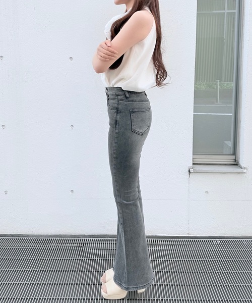 ジーンズ デニム デニムパンツ ラインビジューフレアデニム レディース