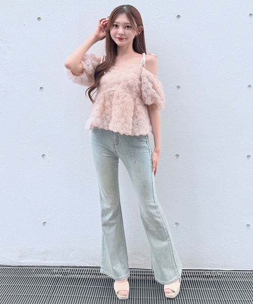 ジーンズ デニム デニムパンツ ラインビジューフレアデニム レディース