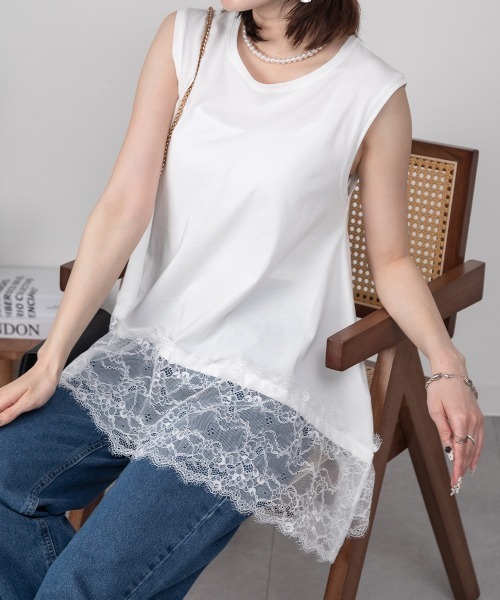 コムコム　レースのノースリーブチュニックM RCD tシャツ ノースリーブ 裾レースチュニック レディース : ZOZOTOWN