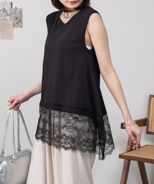 RCD tシャツ ノースリーブ 裾レースチュニック レディース : ZOZOTOWN