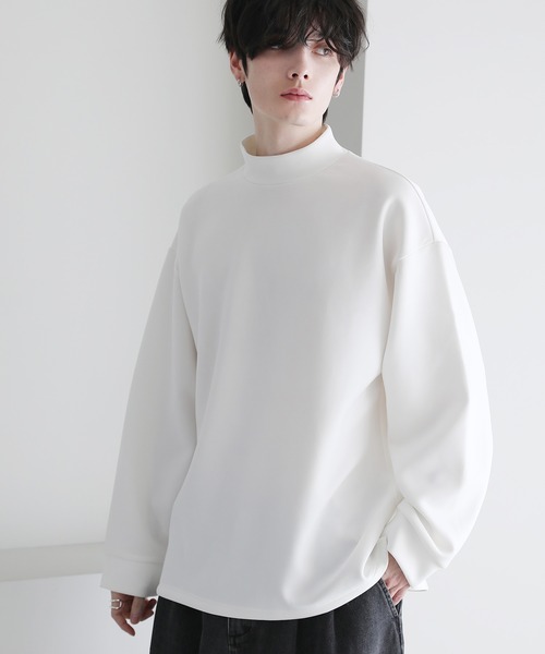 tシャツ モックネックドレープポンチ/フェイクスウェード長袖プル