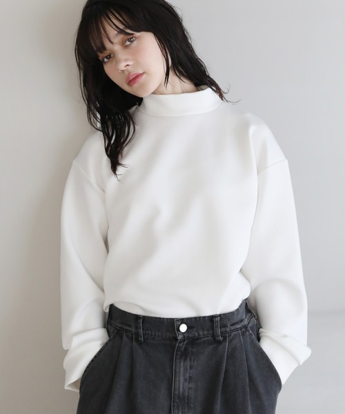 tシャツ モックネックドレープポンチ/フェイクスウェード長袖