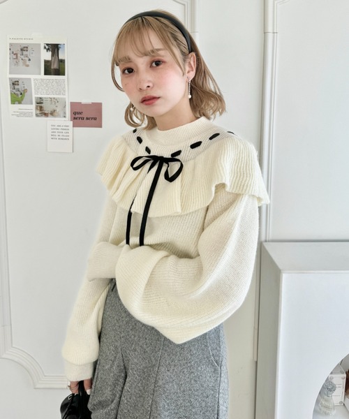 Loueme ニット セーター フリルリボンニットプルオーバー レディース