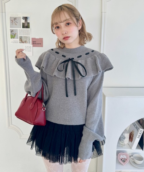 Loueme ニット セーター フリルリボンニットプルオーバー レディース
