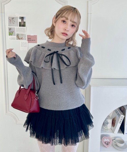 Loueme ニット セーター フリルリボンニットプルオーバー レディース