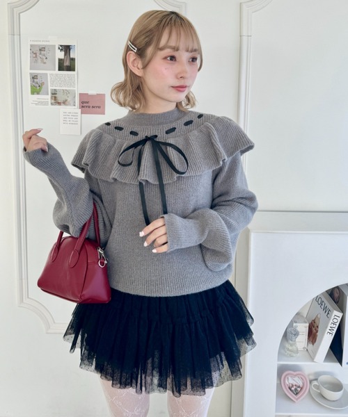 Loueme ニット セーター フリルリボンニットプルオーバー レディース