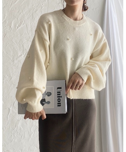 パールネックボリュームスリーブニット She's Closet ニット セーター ボリュームスリーブ長袖ショート