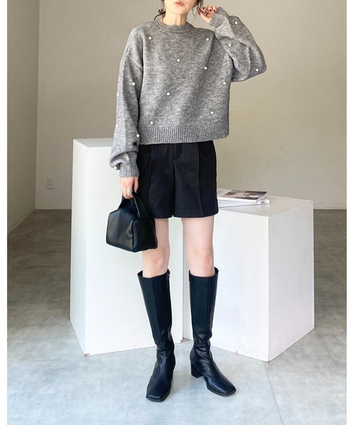 パールネックボリュームスリーブニット She's Closet ニット セーター ボリュームスリーブ長袖ショート