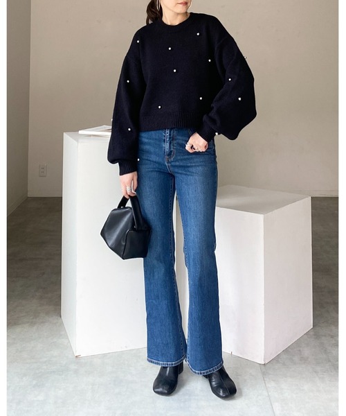 パールネックボリュームスリーブニット She's Closet ニット セーター ボリュームスリーブ長袖ショート